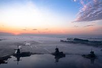 Dutch windmills in the fog at Zaanse Schans