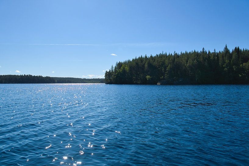 See in Schweden mit weißen Wolken, blaues Wasser und Bäumen am Ufer von Martin Köbsch