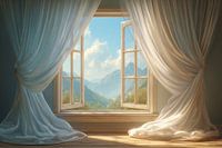 Open Window with Flowing Curtains and Mountain View
