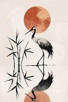 Japandi, Crane Abstract with Red Sun and Bamboo