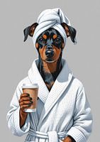 Pinscher am Morgen mit Coffee-to-go