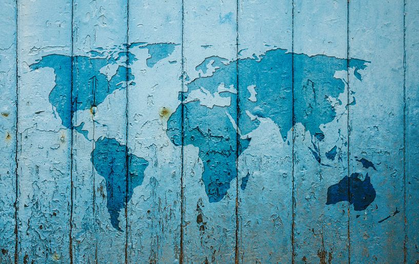 World map on blue wooden boards by WorldMapShop