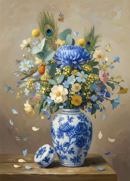 Robin at Delft Blue Vase - Still life with flowers in oil painting by By Marjolein Design