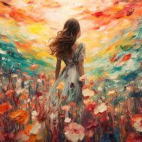 Femme dans un champ de fleurs coloré