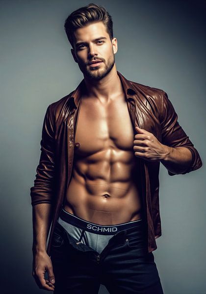 Mann mit Bauchmuskeln im offenen Lederhemd von Markus Gann