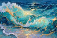 Abstract Ocean Energy - Golden-Veined Turquoise Waves