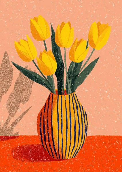 Yellow tulips in a striped vase by Niklas Maximilian