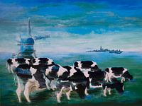 Des vaches se fondent dans la brume sur la terre ferme dans un paysage du sud des Pays-Bas.