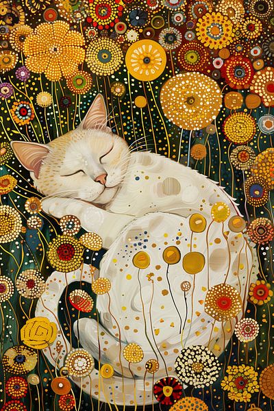Blumengarten mit Katze im Stil von Gustav Klimt von Caroline Guerain