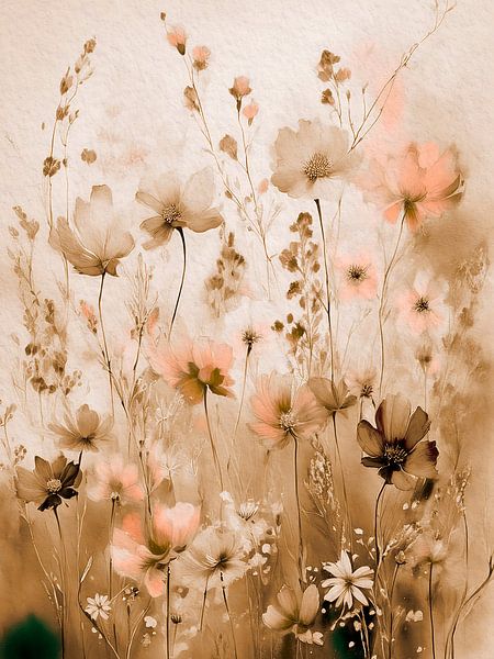 Champ de fleurs sauvages en sépia et rose saumoné par Studio Pieternel