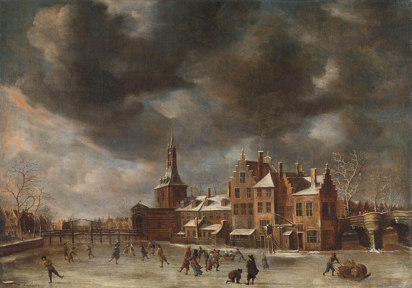 Der Blauwpoort in Leiden im Winter, Abraham Beerstraten (1635) von Meisterhafte Meister