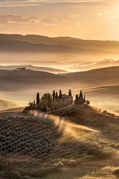 Tuscany landscape with farm and beautiful morning mist by Voss photography