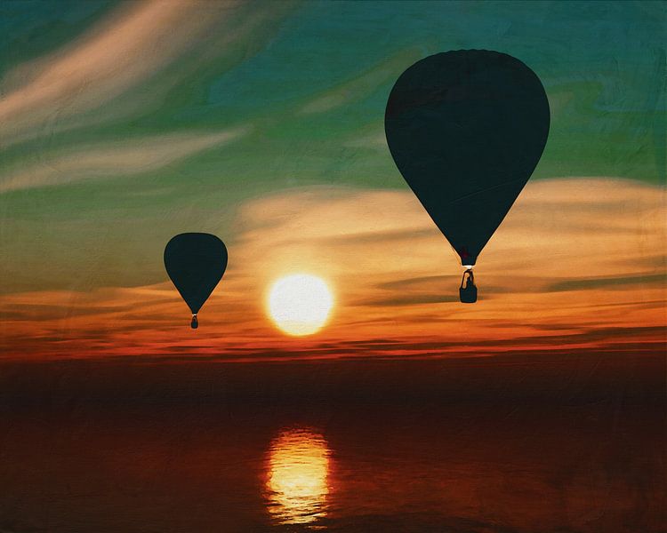 Hot air balloons sail over the sea during sunset by Jan Keteleer