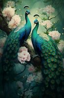 Two peacocks with flowers