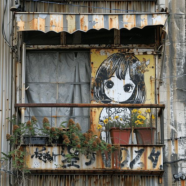 City Balcony Manga Girl Graffiti Rust Urban Contrast by gm_designs