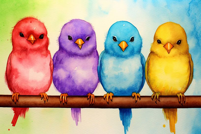 Gemütliche bunte Vögel auf einem Ast von Art & Soul Creations