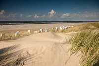 Chaises de plage sur la plage principale, île de Frise orientale Spiekeroog, Basse-Saxe, Allemagne, 