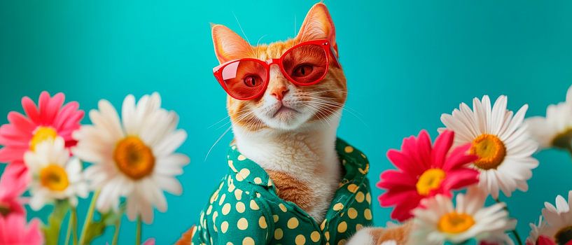 Un chat stylé parmi des fleurs colorées par Poster Art Shop