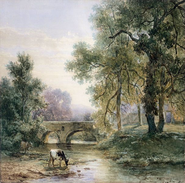 Baumlandschaft mit Steinbrücke über einen Fluss, Willem Roelofs (I) von Meisterhafte Meister
