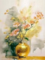 Stillleben, Blütenzweig in Goldvase, Serie: Stillleben in Gold.