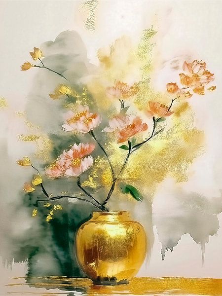 Nature morte, branche fleurie dans un vase en or, série : Nature morte en or. par Studio Pieternel