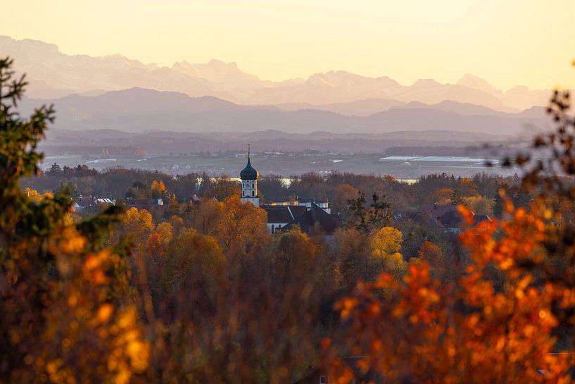 Kluftern church tower in front of an Alpine panorama in autumn by Jan Schuler