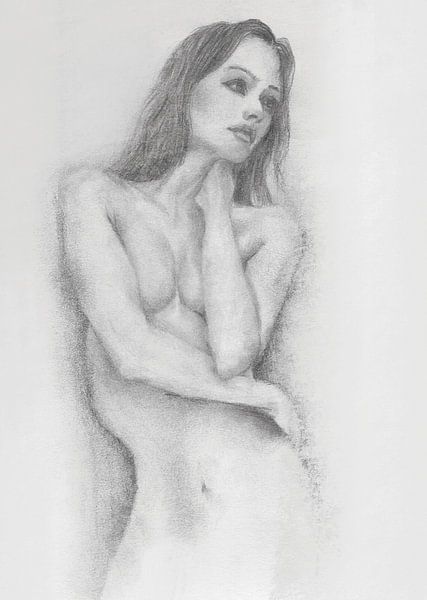 Frau denkt nackt, Skizze, Graustufen von Krista Kitsz Art