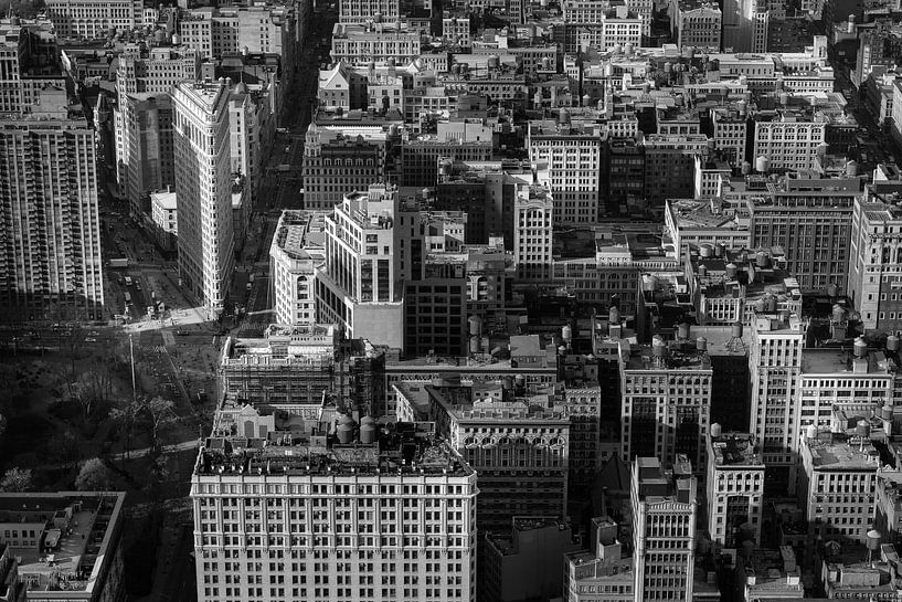 Manhattan mit dem Flatiron-Gebäude in New York (schwarz-weiß) von Mark De Rooij