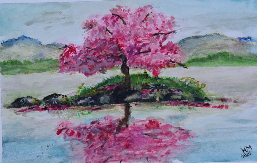 Reflection of a happy pink tree van Heleen Stulp