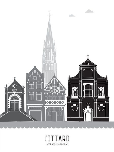 Skyline illustration city of Sittard in black-and-white-grey by Mevrouw Emmer