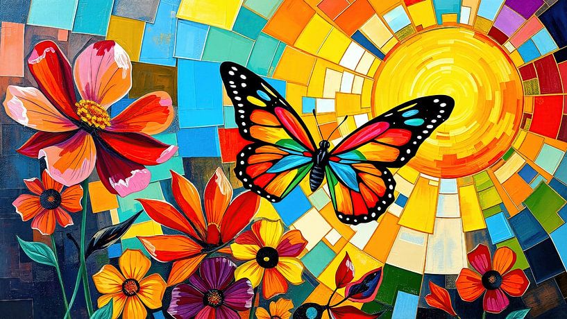 Abstrakter Sonnenaufgang – Ein Schmetterling von Licht getragen im Mosaik der Himmelssphären – aus Farbe, Verwandlung und leuchtender Gegenwart von AidasignArt