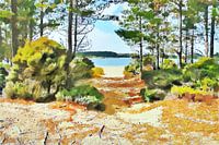 Peinture numérique d'un banc de sable avec un chemin entre les arbres jusqu'à un lac