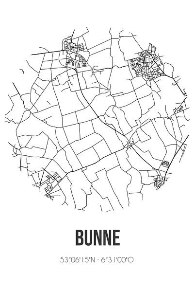 Bunne (Drenthe) | Karte | Schwarz und weiß von Ortsdrucke