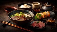 Japanse keuken met ramen, rijst en sushi