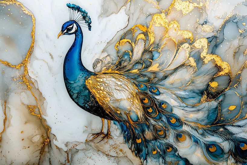 Pauw in blauw en goud van Art & Soul Creations