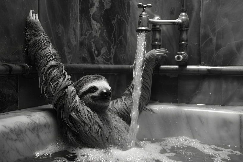 Gezellige luiaard in bad - een schattige badkamerfoto voor je toilet van Poster Art Shop