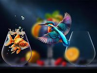 Martin-pêcheur et poisson rouge