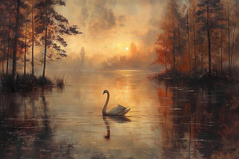 Schwan schwimmt in einem See in der frühen Morgendämmerung von Margriet Hulsker