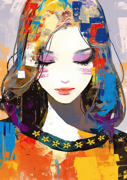 Frau mit geschlossenen Augen | Bunte Frau von ARTEO Gemälde