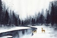 Hiver dans la forêt avec des cerfs