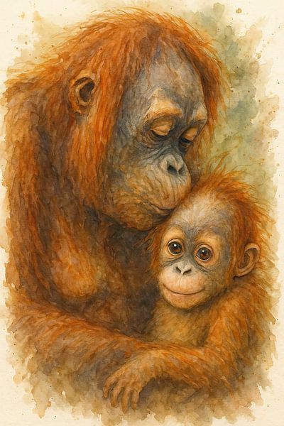 Mother love in the jungle (AI) (Urang orangs mother baby kiss love soft warm monkey family bond ) by Natalie Bruns