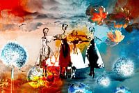 feine Ballerinas in orange und blau zwischen den Blättern und Blüten