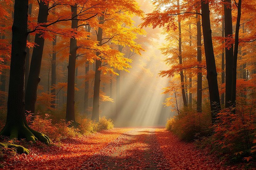 Colourful autumn paradise: Forest in glowing gold by Wandbilder-Shop