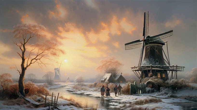 Niederländische Winterlandschaft mit Windmühle von Preet Lambon