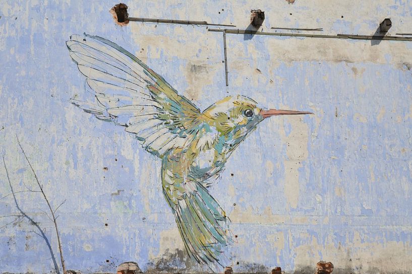 Lebendige Kolibri-Tapete auf blauer Wand von Minimalistic Travel Photography by.Rieneke
