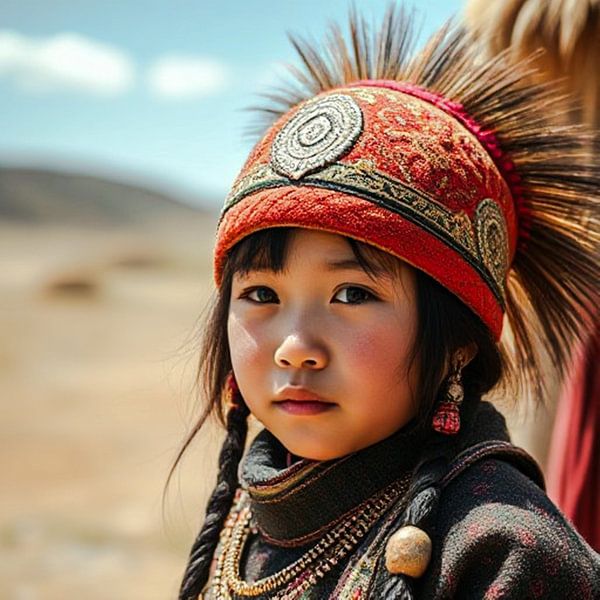 Costume traditionnel de fille de Mongolie. par J.a Dijkstra