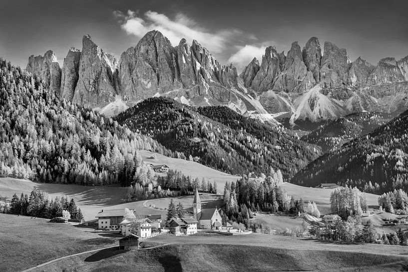 Sunny autumn in the Dolomites in South Tyrol. Black and white image by Manfred Voss, Black-White Photography
