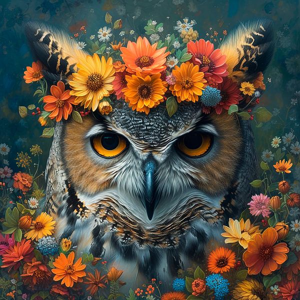 Eule mit Wildblumen von Marlon Paul Bruin