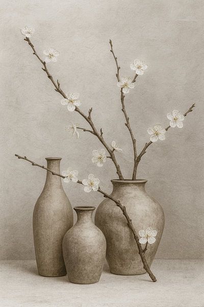 Three vases with blossom branches - rural sober living by Kleurenrijk