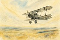 Sketch of a Biplane Flying Above Water